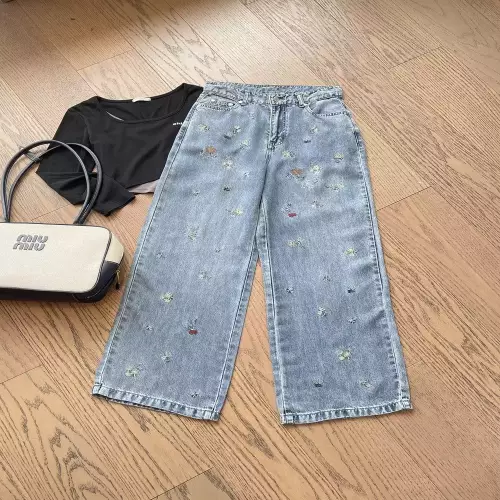대즐 플라워 자수 텐셀 와이드 데님 팬츠