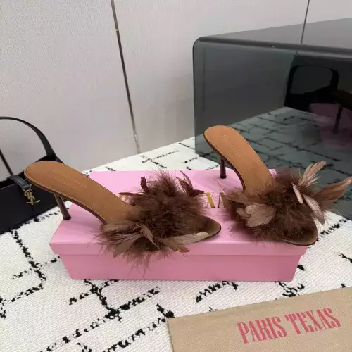 파리스텍사스 깃털 장식 에나멜 포인티드토 토오픈 뮬