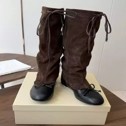 언필로 스웨이드 양가죽 배색 내장굽 롱 부츠